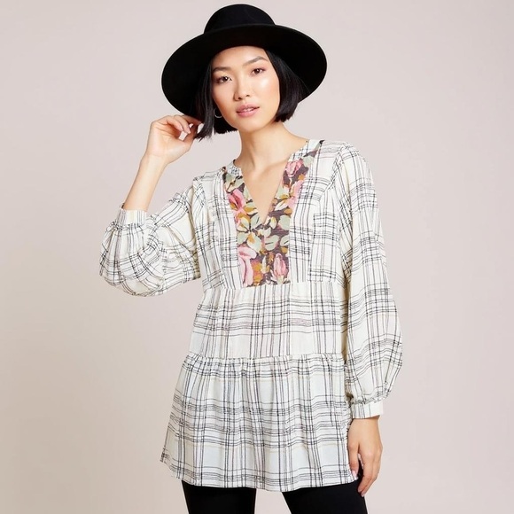 Anthro Darlene Metallic Floral Plaid Peasant Split Neck Linen Blend Tunic NWOT - Picture 1 of 14